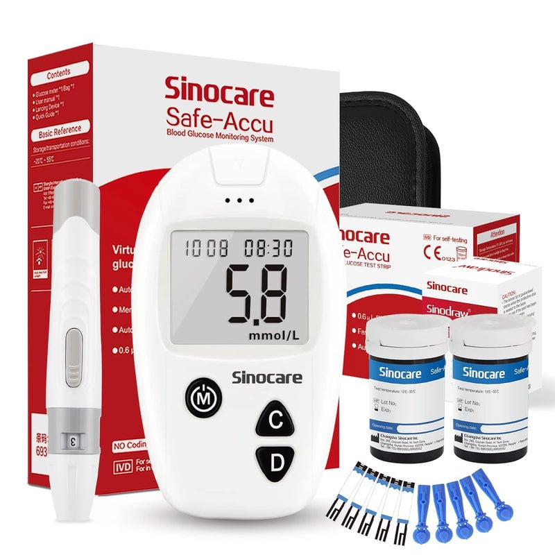 sinocare Safe-Accu Diabetes Testing Kit, Blood Glucose Monitor, with Test Strips x 50 & Lancing Devices x 50 & Case, for UK Diabetics -in mmol/L - Image 1